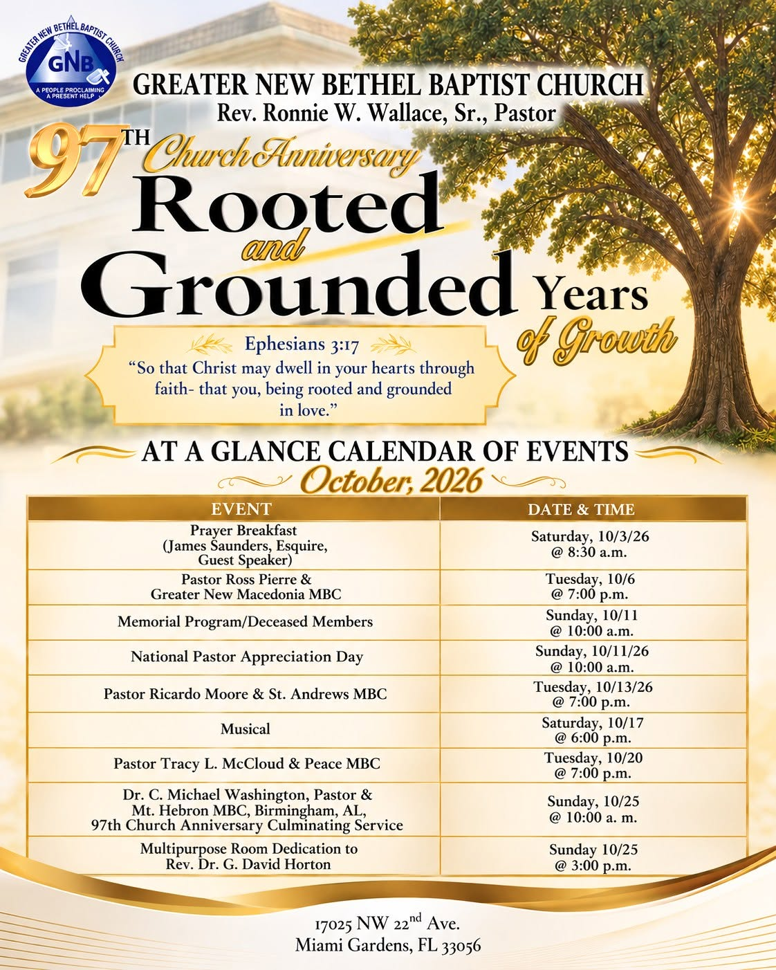 97th Church Anniversary flyer: Rooted and Grounded, Years of Growth — October 2026 calendar of events